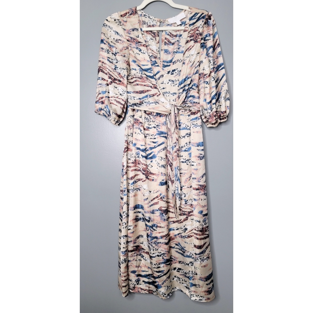 Superfoxx Tie Front Midi Dress A-Line Cream Patterned V-Neck Retro Size XS